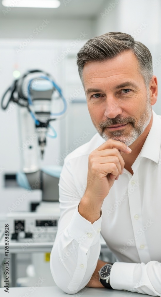 Obraz premium Expert in modern laboratory with advanced robotic equipment engaged in research and technology innovations