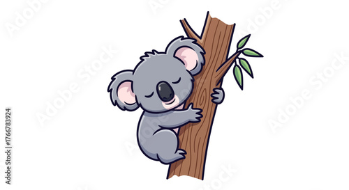 Cute cartoon koala clinging to tree branch with green leaves