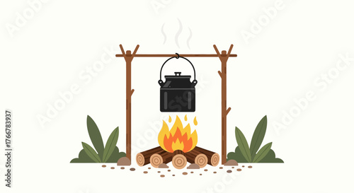 Campfire cooking with black pot hanging over fire, surrounded by logs and green plants