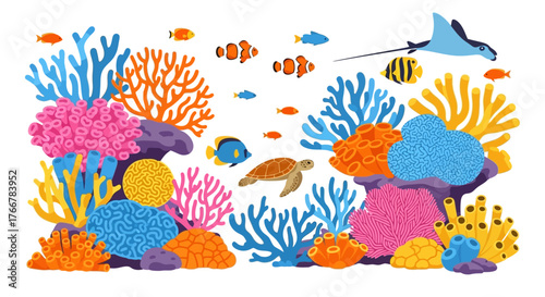 Vibrant coral reef teeming with diverse marine life including fish, sea turtle, and manta ray