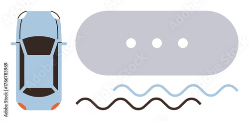 Overhead view of blue car, road lines, and speech bubble with three dots. Ideal for automotive, transportation, communication, navigation, technology safety modern design. Minimalist flat metaphor