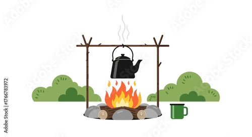 Simple flat campfire with black kettle boiling over the flames, set against backdrop green bushes, evoking sense outdoor adventure and camping