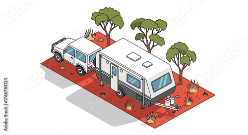 Caravan and 4x4 vehicle parked in campsite with trees and dry vegetation, isometric