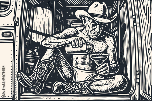 An eccentric cowboy in only a hat and boots mixes a margarita in the back of a van. Monochrome vector art in a classic woodcut print style.