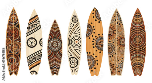 Row surfboards decorated with aboriginal patterns