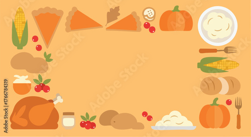 Assorted bread and vegetables border design.