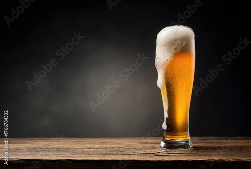 Tall glass of refreshing golden beer with smooth foam on top placed on a wooden table against a dark background, ideal for bar promotion, beverage advertising, or menu design