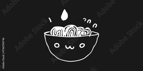 Vector doodle of a smiling ramen bowl with noodles and drop element. Minimal hand-drawn food illustration in white on black. Perfect for cafe branding, packaging, stickers, and fun poster design.