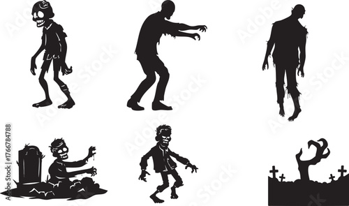 Zombie Vector Set Silhouette Editable, Zombie, and Graves