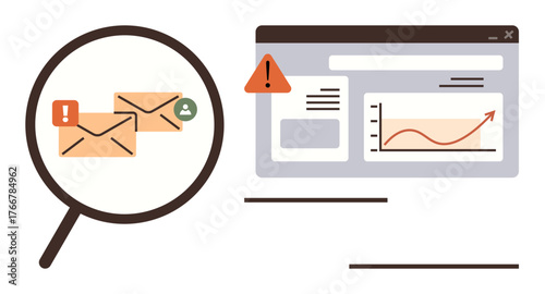 Magnifying glass highlighting email alerts with exclamation marks beside a browser window displaying analytics. Ideal for cybersecurity, email management, data analysis, alert systems, online