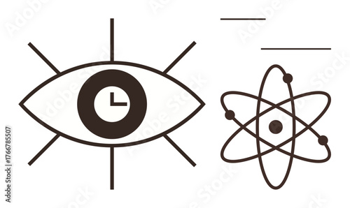 Large eye with central clock surrounded by rays beside an atom structure with orbiting particles. Ideal for innovation, knowledge, learning, science, discovery, time management, and exploration