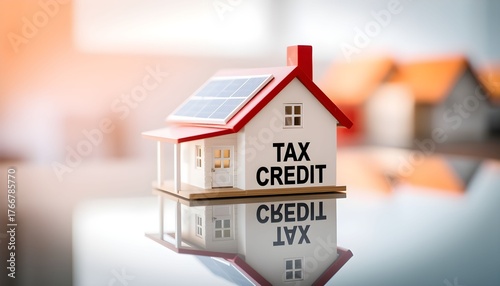 Toy house with solar panels and the words 