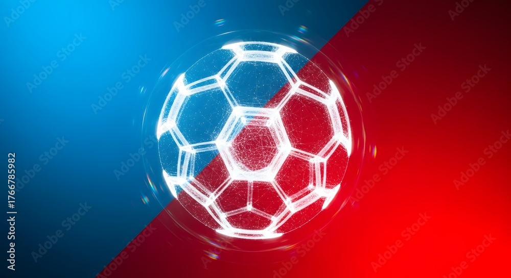 Naklejka premium Dynamic glowing football in a vibrant red and blue abstract background perfect for sports promotions