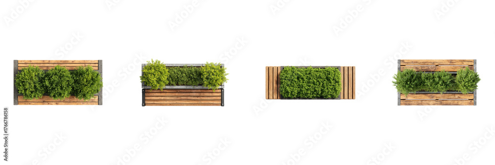 Fototapeta premium Wooden Planter Boxes With Greenery Set. Urban Garden And Landscape Design Collection Isolated On Transparent Background