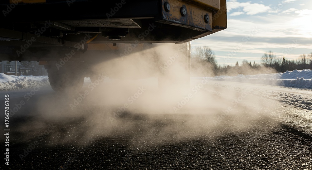 Fototapeta premium A low-angle shot of a vehicle spreading dust or salt on a dark road with snow on the sides, under a bright, low sun.