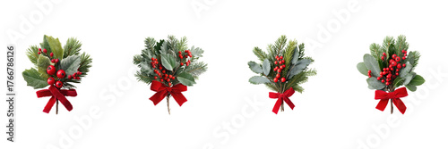 Festive Holiday Greenery With Red Berries And Bows Set. Christmas Decoration Collection Isolated On Transparent Background