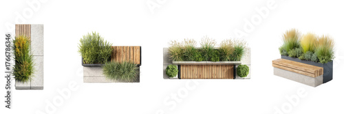 Modern Urban Planter Bench Designs Set. Outdoor Seating And Greenery Integration Collection Isolated On Transparent Background