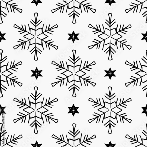 A repeating pattern of snowflakes, trees, and stars, black line art on white background
