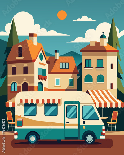 An elegant RV parked in a picturesque European village with charming cafes and cobblestone streets nearby. Inside the freelancer works from a quaint desk while enjoying the local. Vector illustration