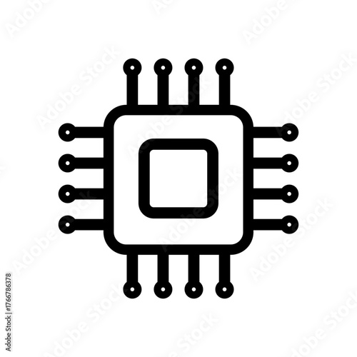 Outline vector icon of a microchip or central processing unit (CPU), symbolizing computer technology, artificial intelligence, processing power, and digital infrastructure.