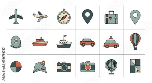 Collection of Travel and Transportation Icons Representing Various Modes and Destinations.