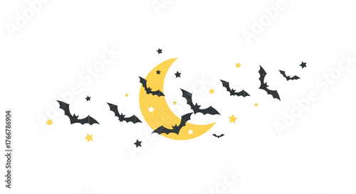 Illustration of a smiling yellow crescent moon surrounded by flying bats and stars on a white background with a spooky nighttime atmosphere.