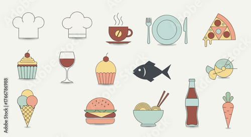 A delightful collection of food and drink icons perfect for menus and culinary designs.