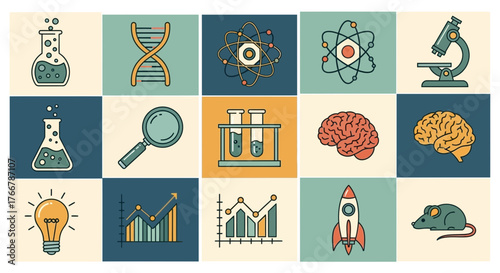 Collection of Science and Research Icons in a Grid Layout.