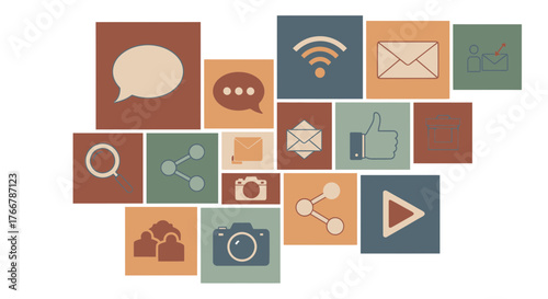 Collection of retro style flat social media and communication icons.