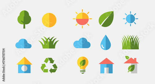 Collection of Flat Design Icons Representing Nature and Environment 1.