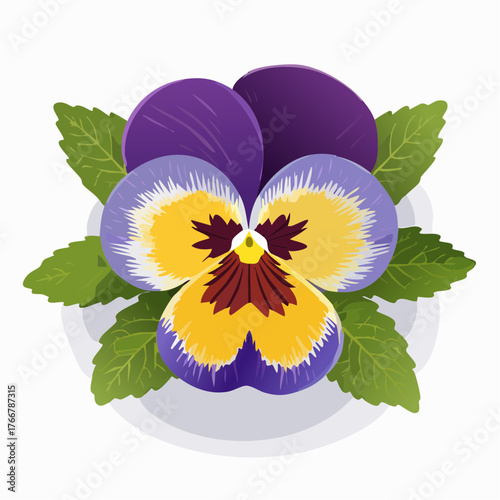 Purple yellow pansy flower with green leaves