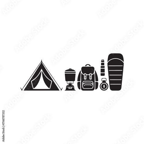 Vector art of camping equipment set tent, stove, backpack, flashlight, compass, and sleeping bag silhouette for outdoor adventure