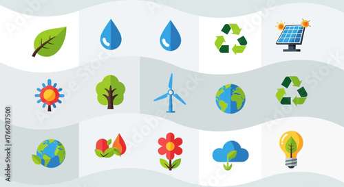 Collection of environmental and ecological icons representing nature conservation.