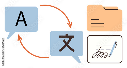 Text exchange between two speech bubbles with language symbols, orange arrows, file folder, and e-signature. Ideal for communication, translation, technology, data flow, organization education