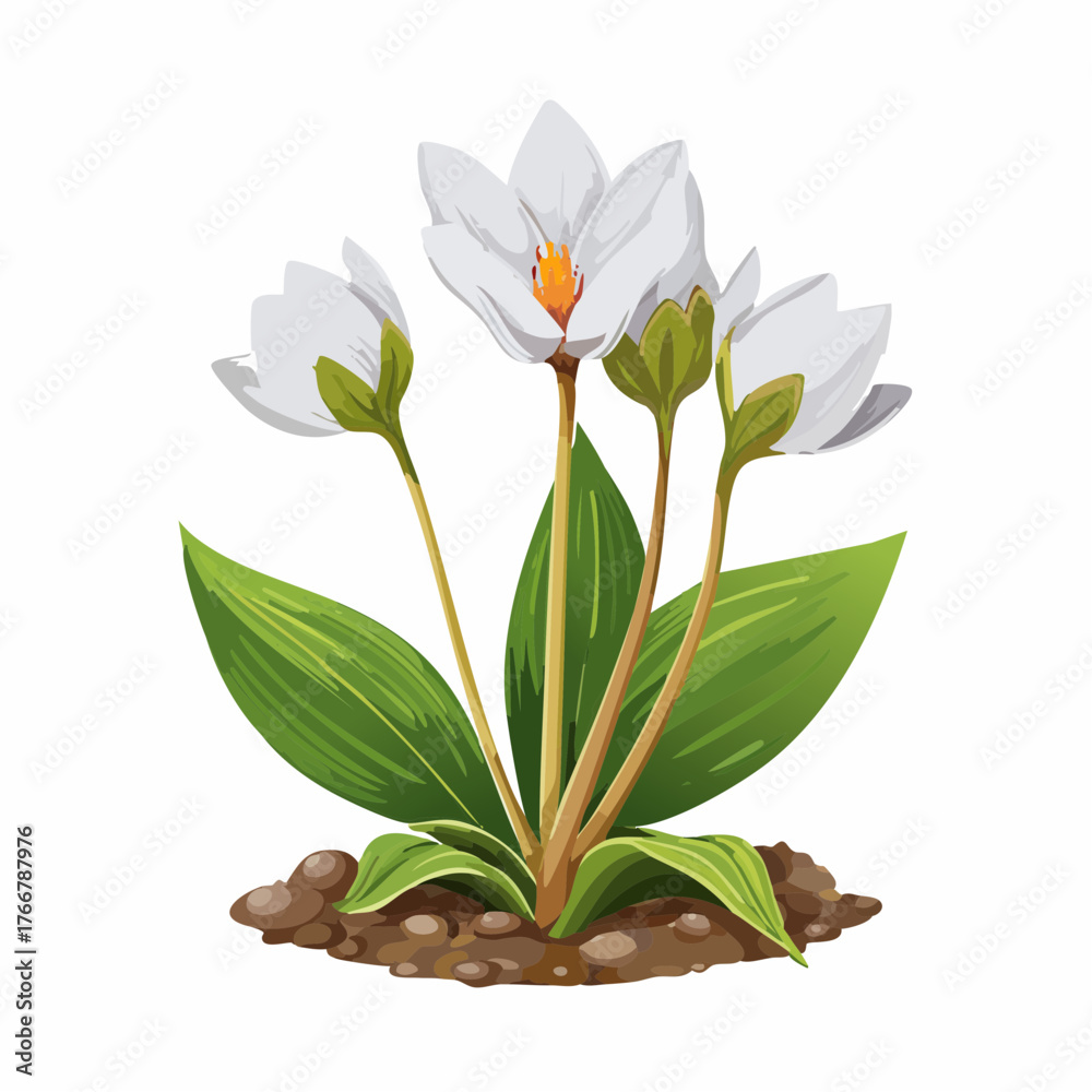 Naklejka premium White wildflower plant with soil and leaves