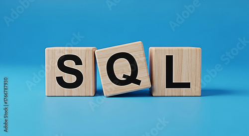Wooden blocks spelling sql on a blue background represent database management and query language for software development and data analysis
