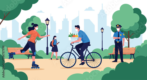 People wearing face masks enjoy outdoor activities like rollerblading and cycling in a city park, with a police officer ensuring public safety.
