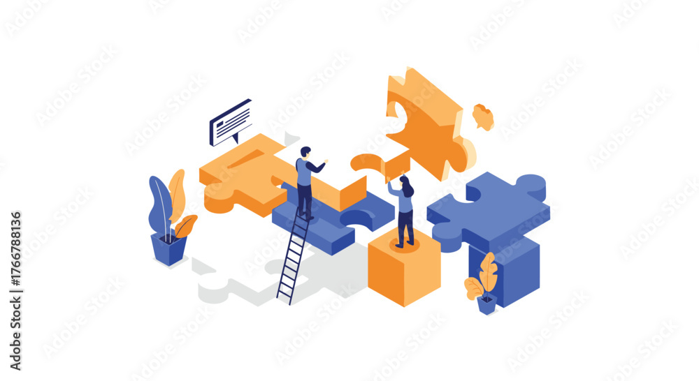 Naklejka premium Isometric illustration of two people collaborating to assemble puzzle pieces, symbolizing teamwork and problem-solving.