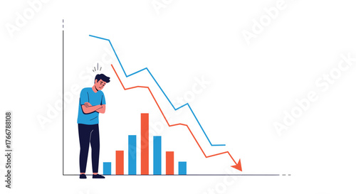 Concerned man watches a disheartening chart indicating a steep decline in financial performance and economic downturn.