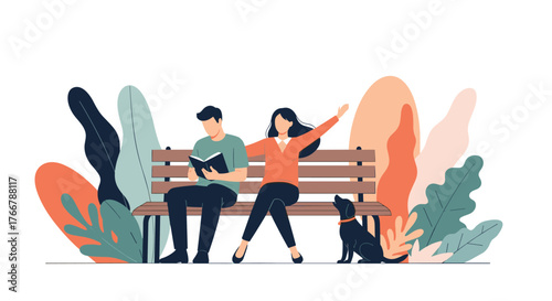 A man reads a book on a park bench while a woman relaxes next to him, with their dog sitting nearby among colorful plants.