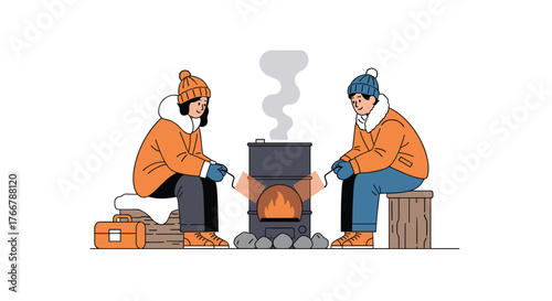 Two people in winter clothing enjoying warmth from a stove outdoors.