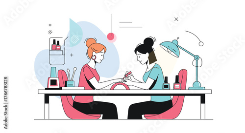 Two women at a table, one giving the other a manicure with nail polish bottles visible.