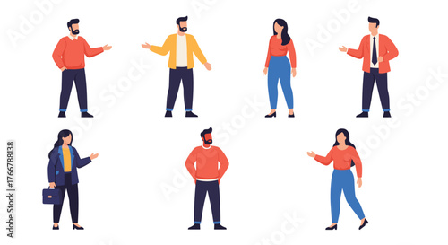 Diverse group of casual and business-dressed men and women in various poses, some gesturing, engaged in discussion or presentation.