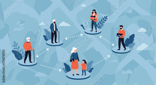 Illustration depicting a network of people connected by dotted lines, representing community support and assistance for seniors and others in need.