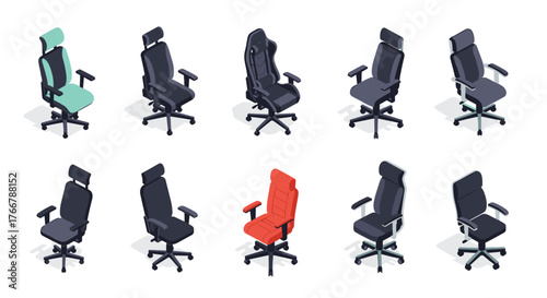 A diverse collection of modern ergonomic office and gaming chairs in an isometric view, featuring different designs and colors.