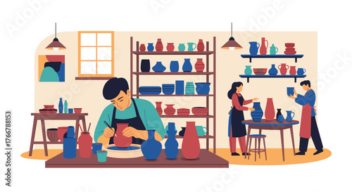Pottery studio scene with artists creating ceramic artwork and displaying finished pieces on shelves.