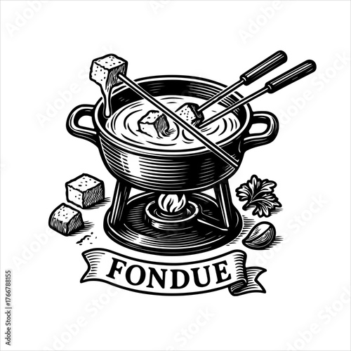 A vintage black and white woodcut illustration of a classic cheese fondue pot set with dipping forks and bread cubes.