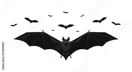 A large black bat in flight with outstretched wings surrounded by smaller bats against a white background.