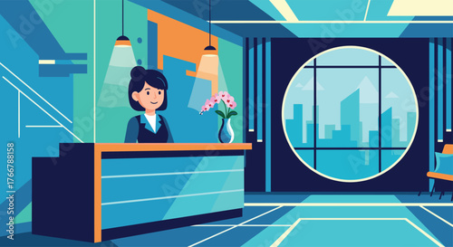 A friendly receptionist stands behind a counter in a modern office lobby with a large circular window view of city buildings.