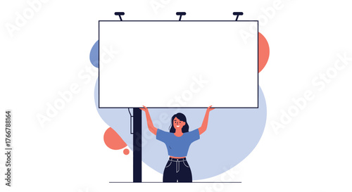 Woman holding a blank billboard with abstract shapes in the background.